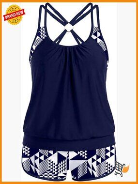 Plus Size Tankini Two Piece Tummy Control Swimwear with Pockets
